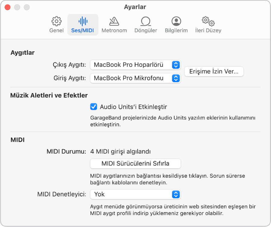 Ses/MIDI Ayarları bölümü.