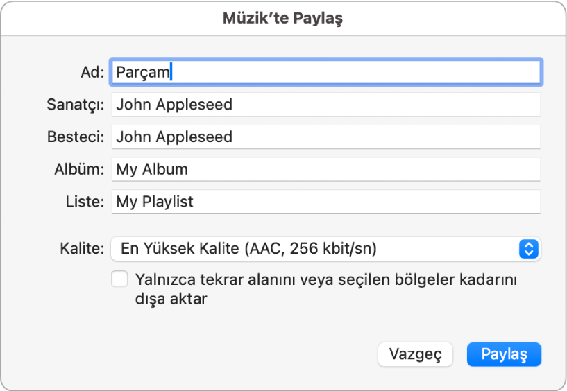 Müzik’te Paylaş sorgu kutusu.