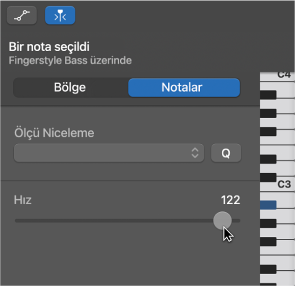 Piyano Rulo Düzenleyici’de nota hızını düzenleme.