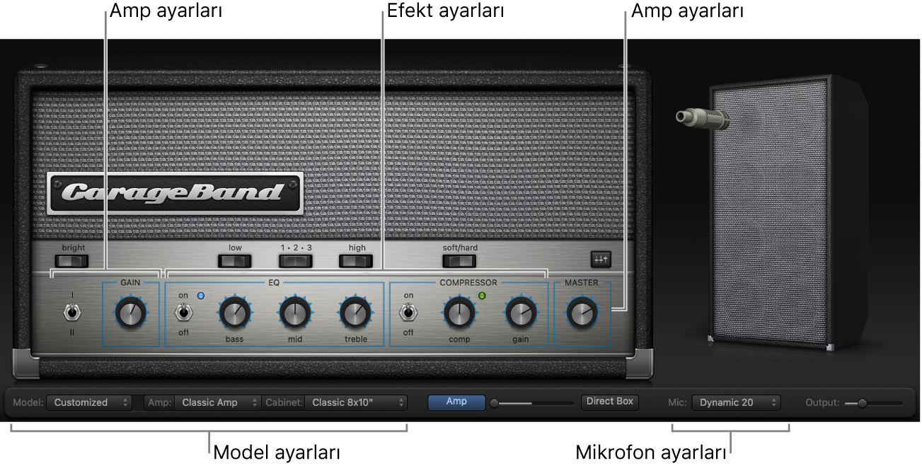 Farklı kontrol alanlarını gösteren Bass Amp Designer penceresi.