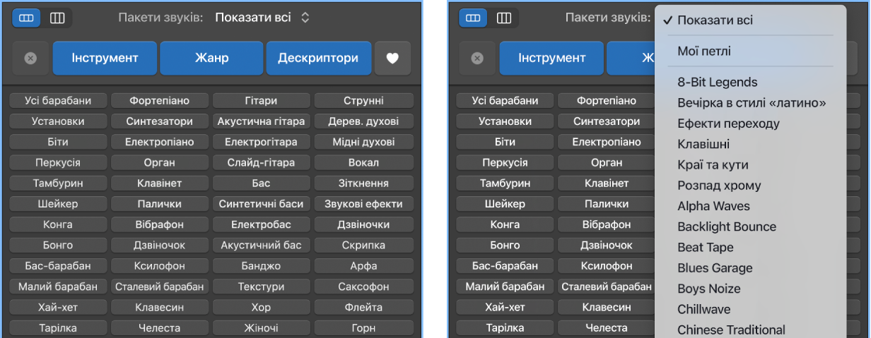 Відображення відкритого спливного меню петель.