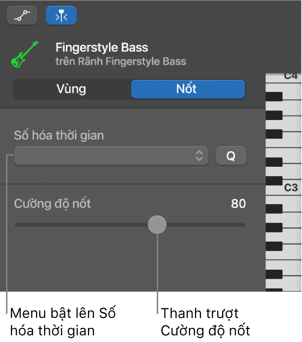 Trình kiểm tra Trình sửa cuộn piano trong chế độ Nốt, đang hiển thị các điều khiển.