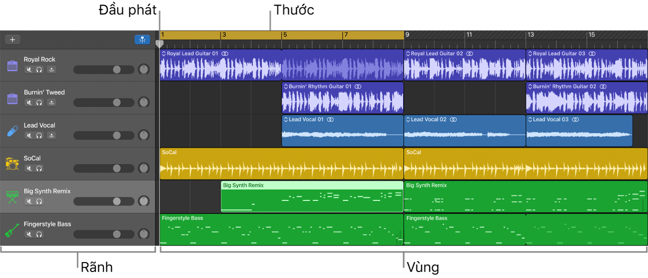 Khu vực rãnh đang hiển thị các rãnh, vùng, đầu phát và thước.