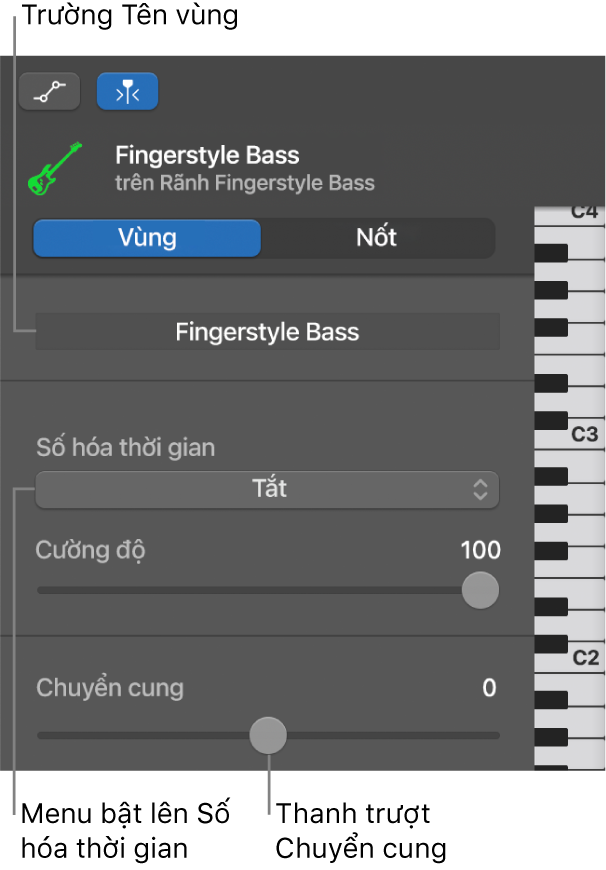 Trình kiểm tra Trình sửa cuộn piano trong chế độ Vùng, đang hiển thị các điều khiển.