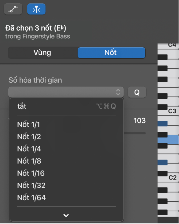 Đang chọn một giá trị từ menu bật lên Số hóa thời gian trong trình kiểm tra Trình sửa cuộn piano.