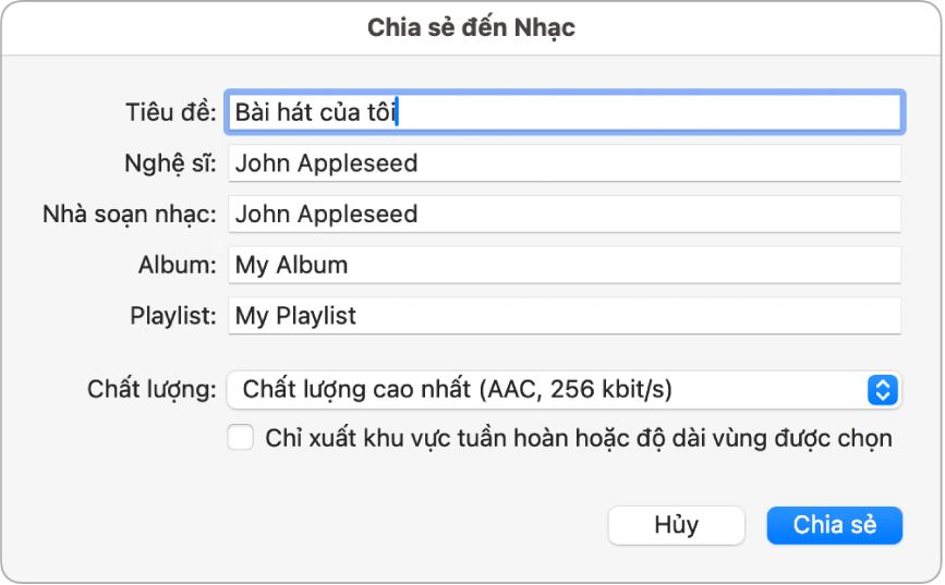 Hộp thoại Chia sẻ đến Nhạc.