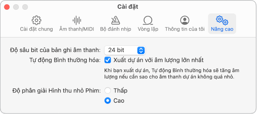 Khung cài đặt Nâng cao.