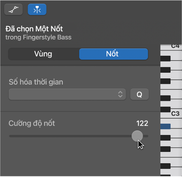 Đang sửa cường độ nốt trong Trình sửa cuộn piano.