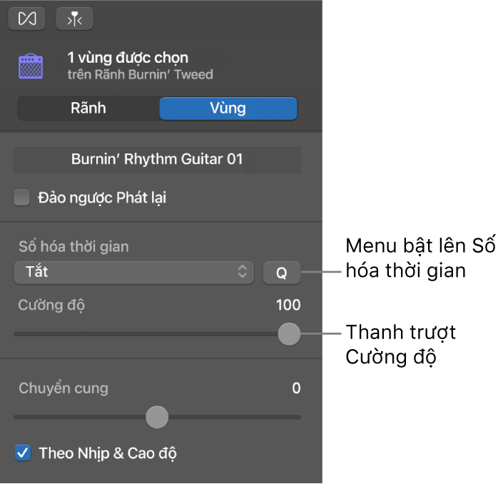 Trình kiểm tra Trình sửa âm thanh, đang hiển thị menu bật lên Số hóa thời gian và thanh trượt Cường độ.