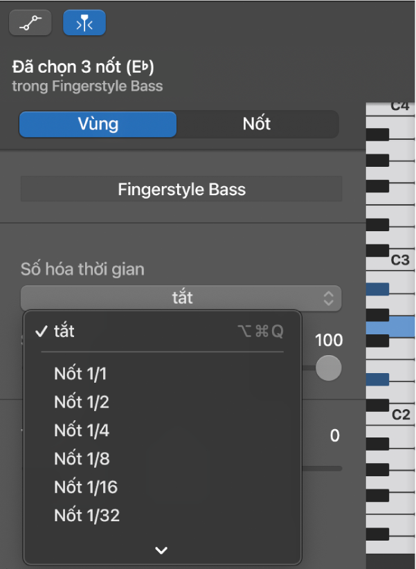 Đang chọn một giá trị từ menu bật lên Số hóa thời gian trong trình kiểm tra Trình sửa cuộn piano.