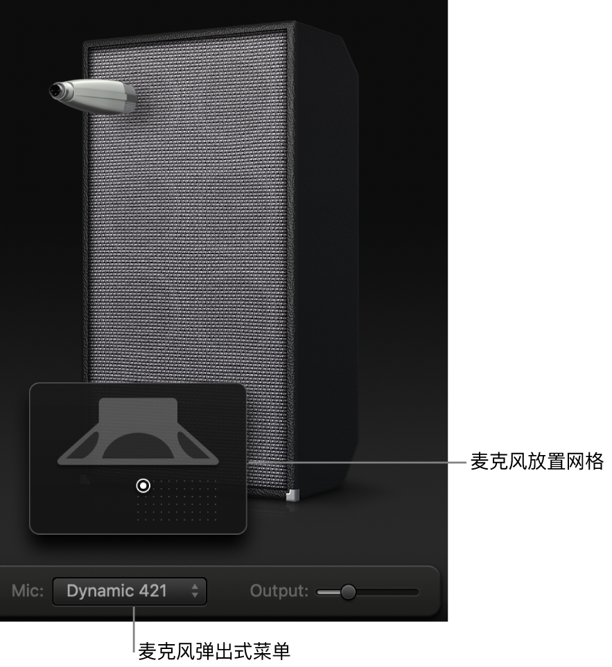 显示“麦克风”菜单和麦克风放置网格的 Bass Amp Designer 音箱区域。