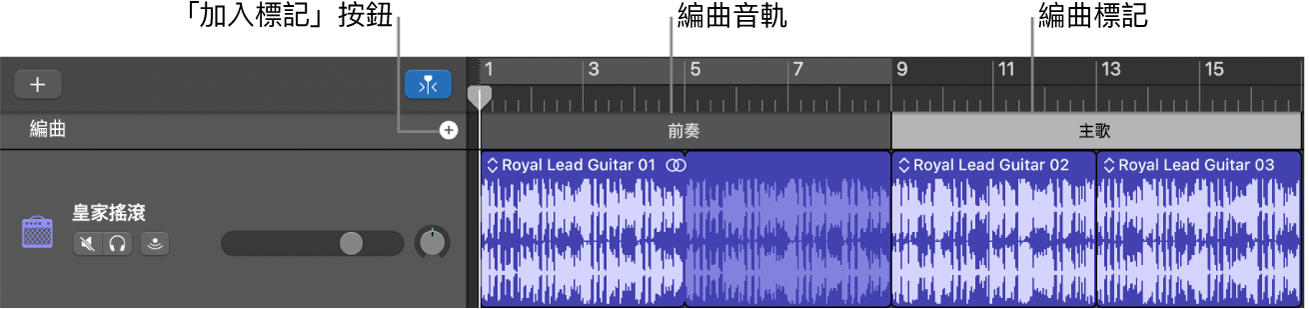 顯示「加入標記」按鈕和「編曲」區段的編曲音軌。