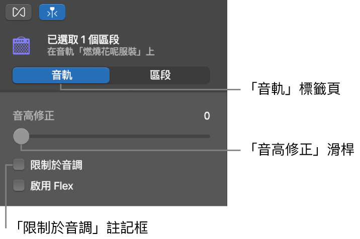 「音軌」模式中的「音訊編輯器」檢閱器，顯示「音高修正」滑桿和「限制於音調」註記框。