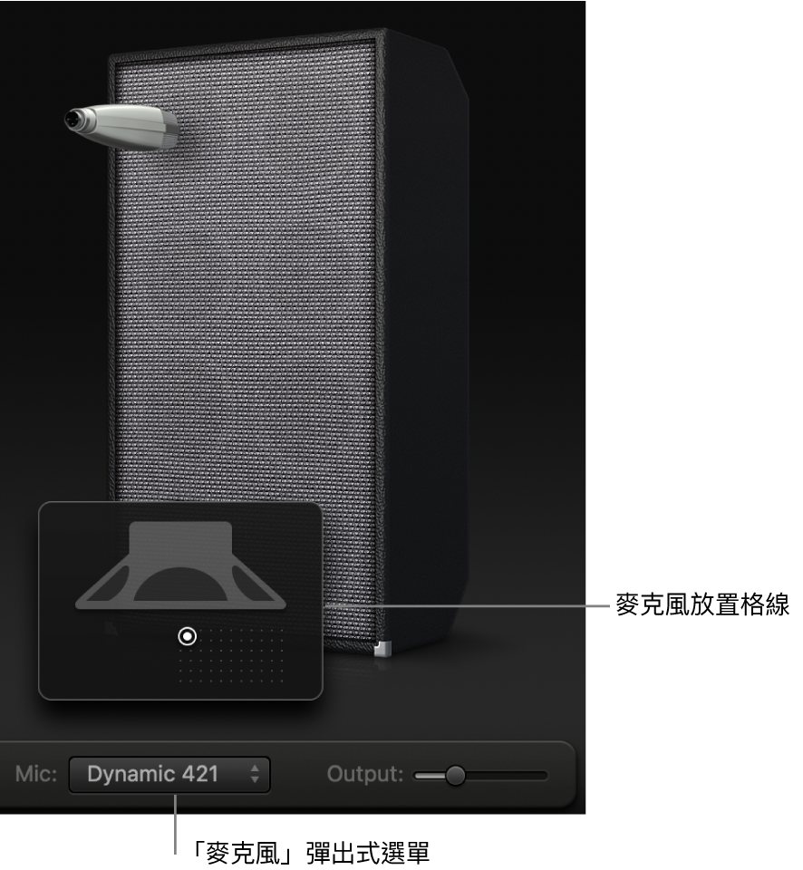 Bass Amp Designer 音箱區域，顯示「麥克風」選單和「麥克風」放置格線。