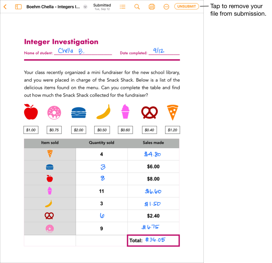 Et eksempel på en elevs samarbejdsarkiv. Hvis dokumentet skal fjernes fra Skolearbejde, skal eleven trykke på Tilbagekald øverst til højre i vinduet med iWork-appen Pages.