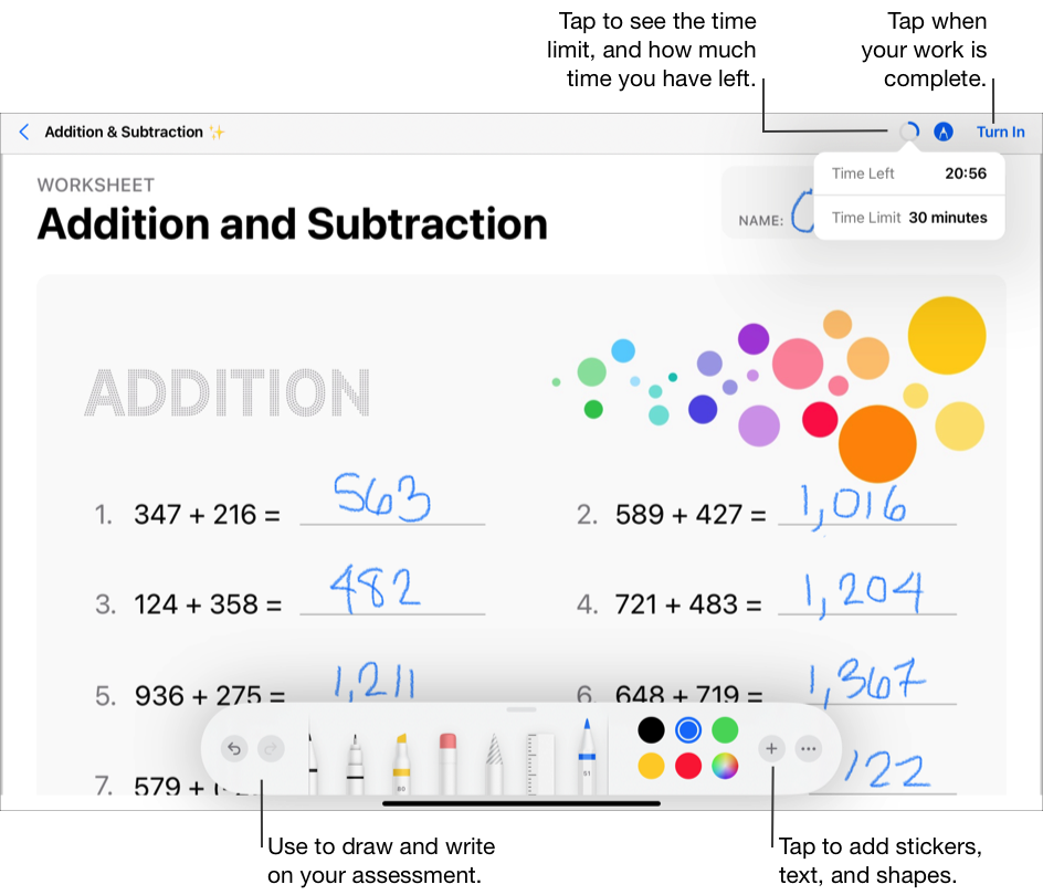 アセスメントの例（Addition and Subtraction（足し算と引き算））。マークアップツールを使用して、アセスメントへの描画や書き込みを行います。「追加」ボタンをタップして、ステッカー（参考資料ありのアセスメントのみ）、テキスト、図形を追加します。カウントダウンタイマーをタップすると、制限時間と残り時間を確認できます。アセスメントが完成したら、「提出」をタップします。