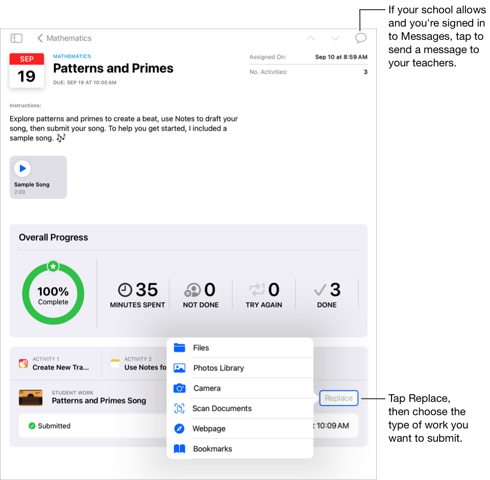 Uma tarefa de exemplo, Padrões e primos, para uma aula de Matemática. Se a escola permitir e você estiver com sessão iniciada no app Mensagens, você poderá tocar no botão Mensagens para enviar mensagens aos professores. A solicitação de entrega da tarefa está selecionada. Para substituir sua entrega, toque em Substituir e escolha o tipo de trabalho que deseja enviar.