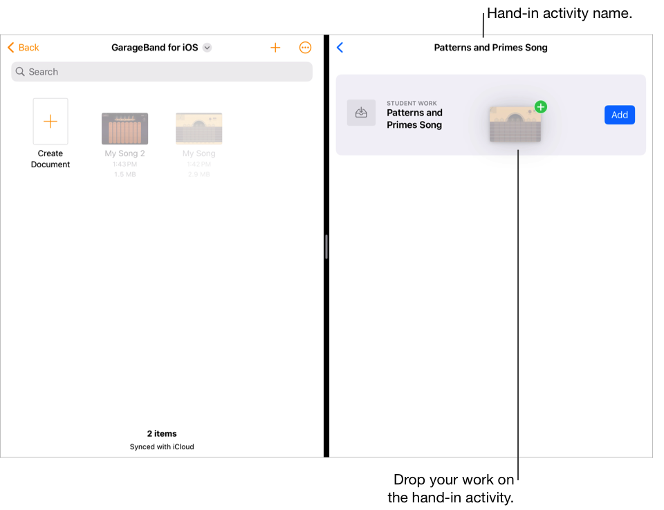 O modo Split View a apresentar a app Ficheiros à esquerda com dois documentos e a app TPC à direita com a atividade Música Padrões e números primos aberta.