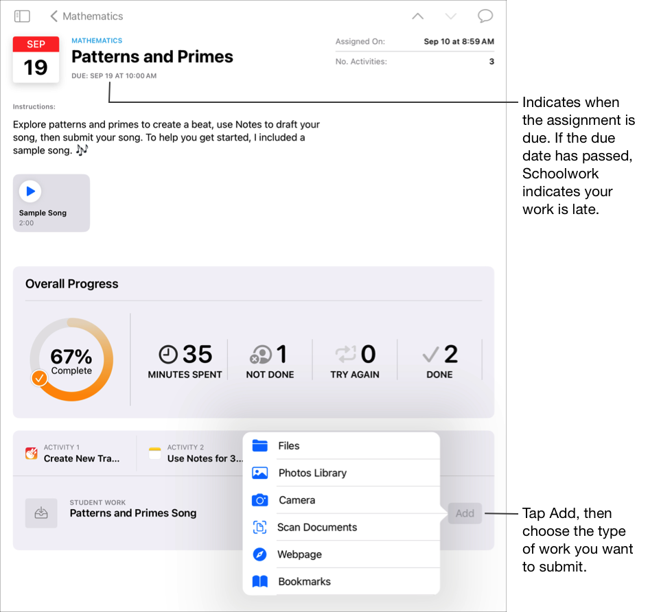 Exemplo de trabalho, Padrões e números primos, para uma turma de Matemática. Na parte superior da janela, a app TPC mostra a data e hora limite do trabalho. Se a data limite for ultrapassada, a app TPC indica que o trabalho está em atraso. O pedido de entrega do trabalho é selecionado. Para efetuar a entrega, toque em Adicionar e, em seguida, selecione o tipo de trabalho que pretende entregar.