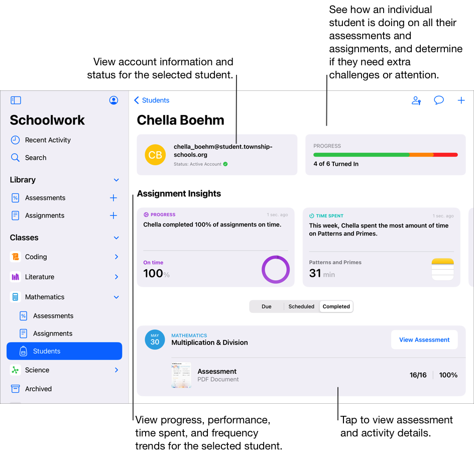 A sample student progress view showing the student has turned in four of six assessments and assignments. Use the student progress view to see how an individual student is doing on all their assessments and assignments and determine if they need extra challenges or attention. The student progress view displays account information and status for the selected student. The student progress view includes insights to show progress, performance, time spent and frequency trends for the selected student. Tap an assessment or assignment to view details.