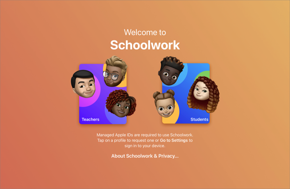 The Schoolwork welcome screen showing sign-in options for teachers and students.