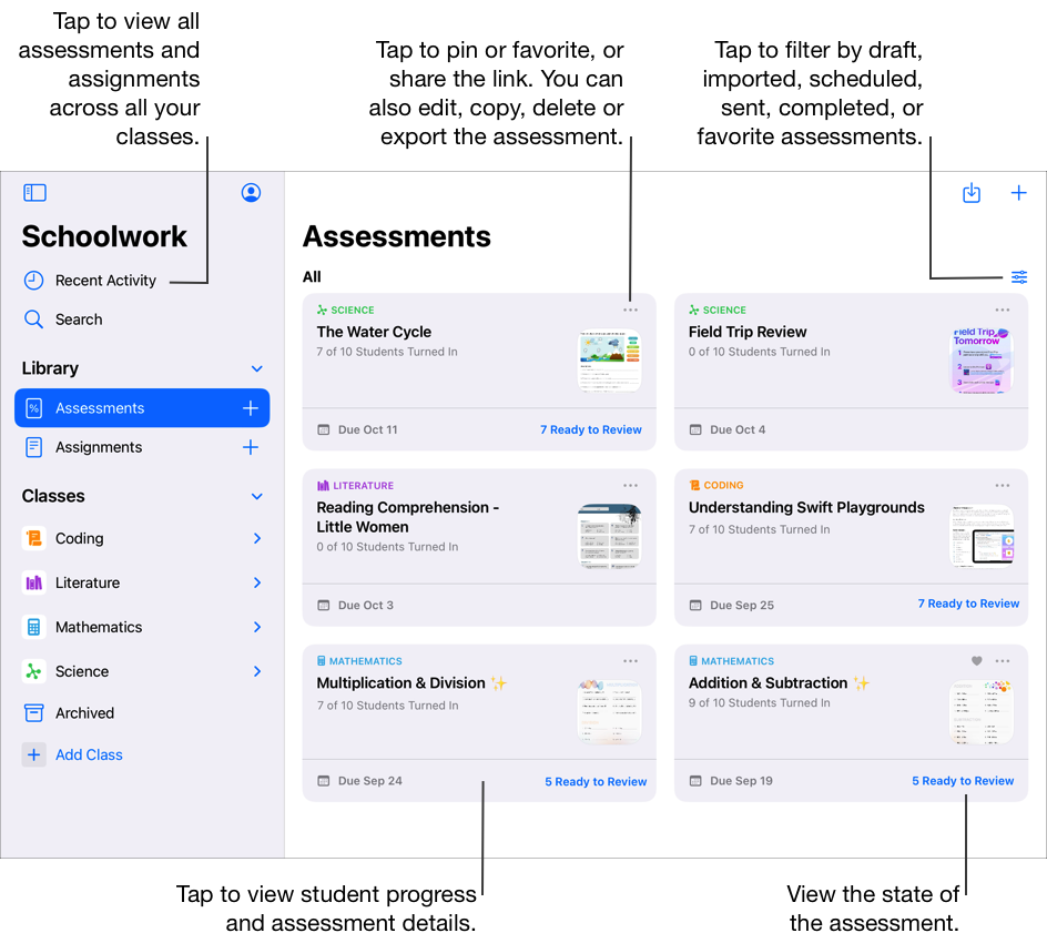 Assessments view showing all assessments across all your classes. Tap the Filter button, then tap Drafts, Imported, Scheduled, Sent, Completed or Favourites. In addition to Assessments, the Schoolwork sidebar contains Recent Activity, Search, Assignments, four class views (Coding, Literature, Mathematics and Science) and the class archive view. To view student progress and assessment details, tap an assessment. Assessment cards display the state of the assessment. Tap the More Options button to pin or favourite the assessment or assignment, or share the link. You can also edit, copy, delete or export the assessment or assignment. You can also tap Recent Activity to view all assessments and assignments across all your classes.