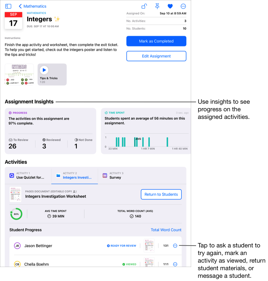 A sample assignment details view showing detailed progress data for the selected activity. Use insights to see progress on the assigned activities. Tap the More Options button to ask a student to try again, mark an activity as viewed, return student materials, or message a student.