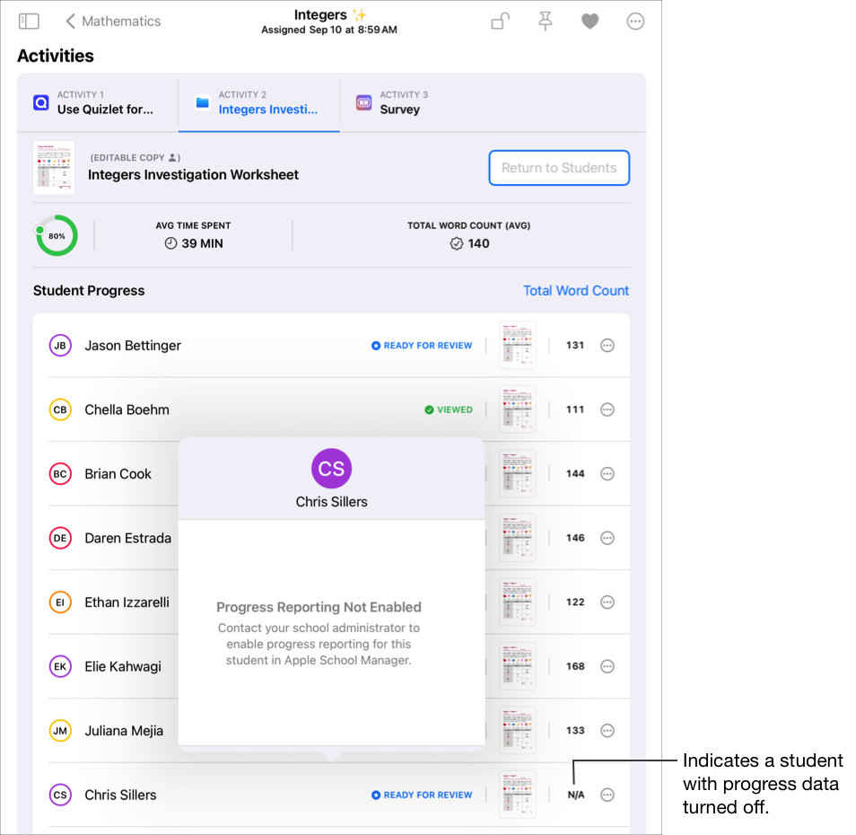 A sample assignment details view showing detailed progress data for the selected activity, including N/A in a student row indicating a student with progress data turned off and the student progress data pop-up pane specifying progress data is turned off for the student.