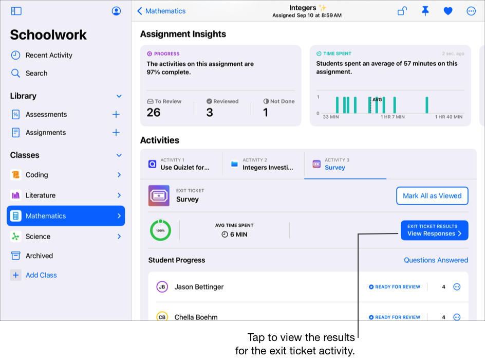 A sample assignment details view showing detailed progress data for the selected activity, including percentage complete, average time spent, and the Exit Ticket Results button. Tap View Responses to view the results for the exit ticket activity.