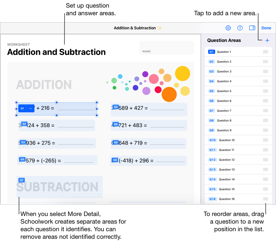 Un exemple de fichier d’évaluation vous permettant de configurer des zones de question et de réponse. Lorsque vous sélectionnez l’option Plus de détails, l’app Pour l’école crée des zones distinctes pour chaque question qu’elle identifie. Vous pouvez supprimer les zones qui ne sont pas identifiées correctement. Pour ajouter une nouvelle zone, touchez le bouton Ajouter dans Zones de questions. Pour réorganiser les zones, touchez de façon prolongée une question dans la liste Zones de questions, puis faites-la glisser vers un nouvel emplacement dans la liste.