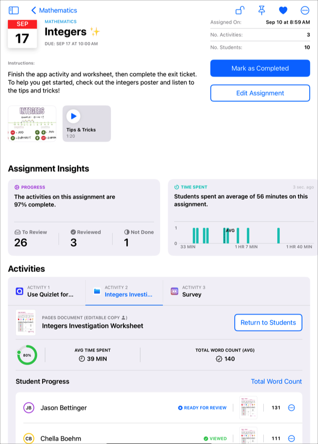 Exemple de vue des détails d’un devoir affichant des données de progression de l’activité sélectionnée. Servez‑vous des statistiques sur le temps passé pour voir le temps que vos élèves consacrent à l’activité.