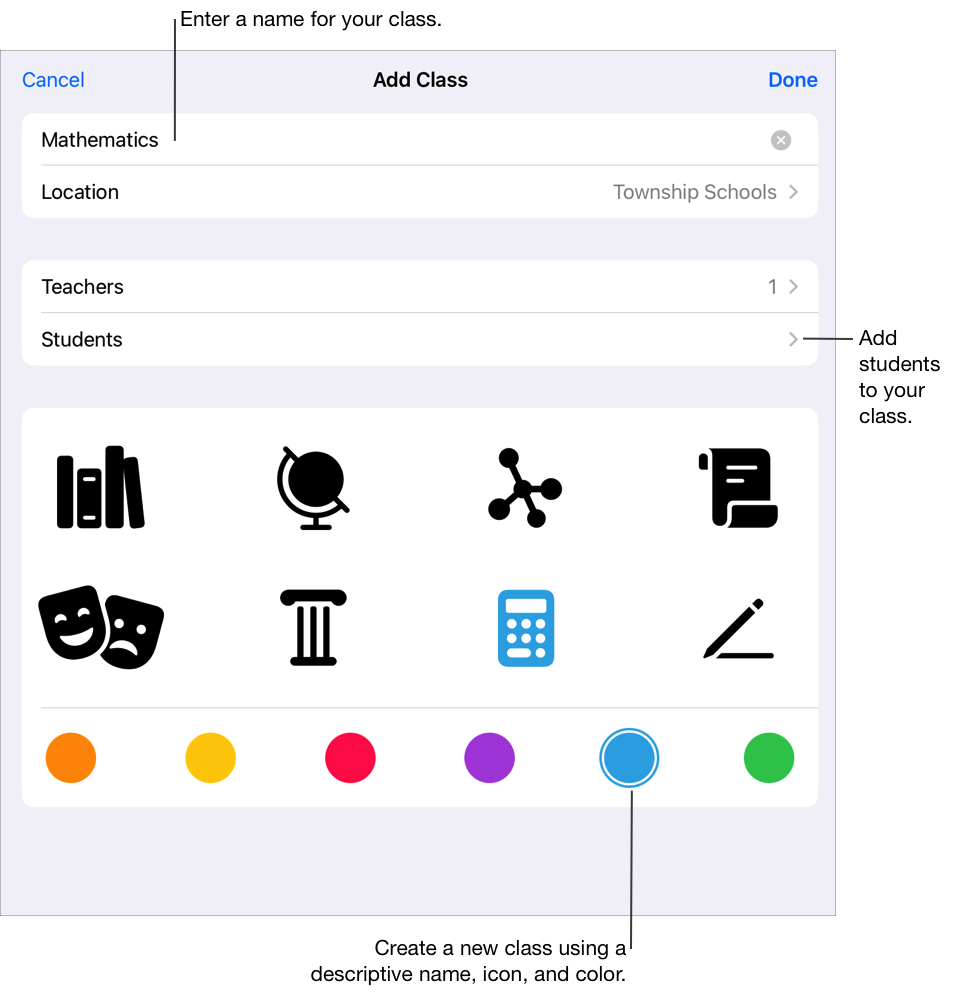 Panel pop-up Tambah Kelas yang menunjukkan nama kelas, lokasi, jumlah guru dan murid, serta ikon dan warna kelas. Ketuk untuk menambahkan nama, guru tambahan, dan murid ke kelas Anda. Anda juga dapat memilih ikon dan warna khusus untuk kelas.