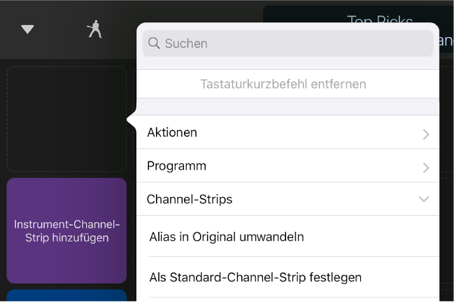Abbildung. Einblendmenü „Tastaturkurzbefehle“.