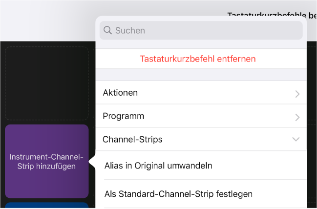 Abbildung. Einblendmenü „Tastaturkurzbefehle“.