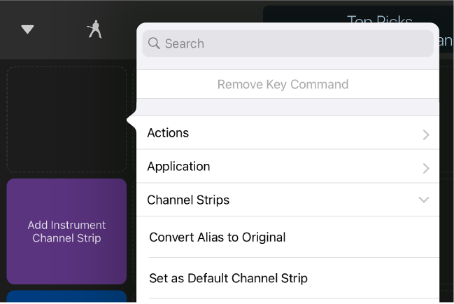 Figure. Key Commands pop-up menu.