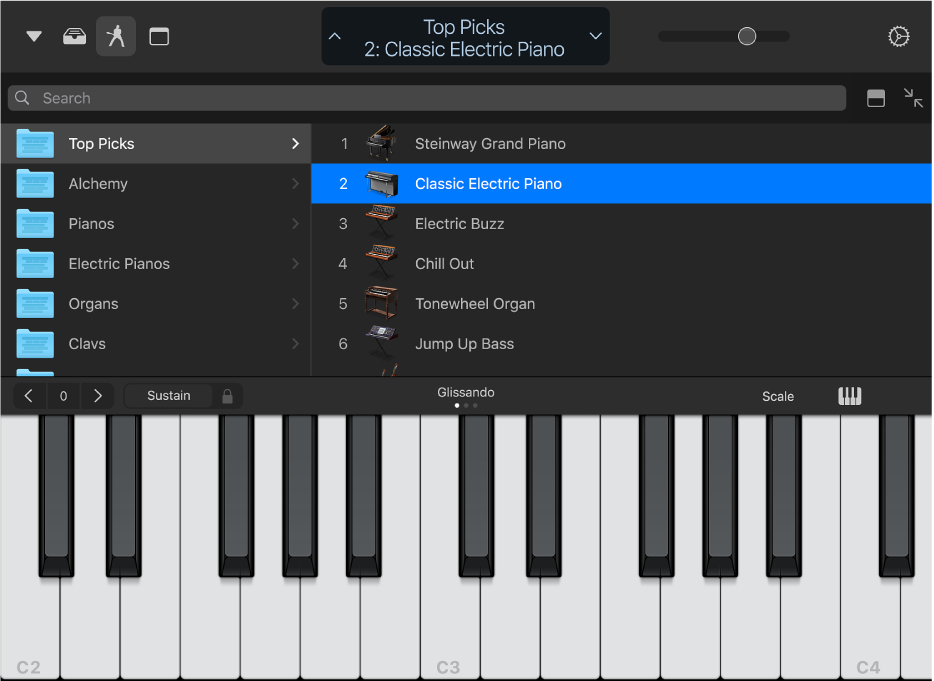 Figure. Half-screen Patch List above Touch Instrument.