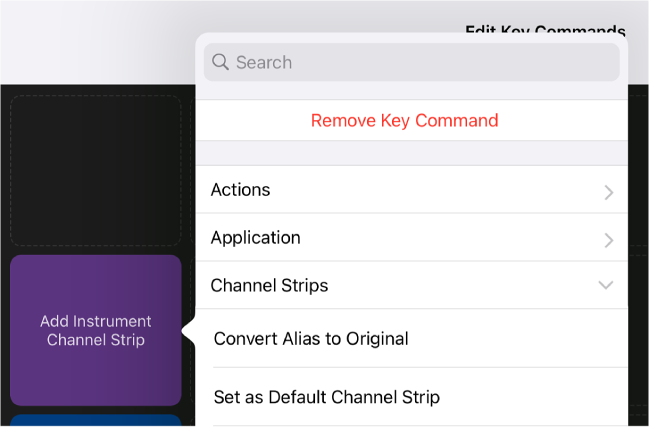 Figure. Key Commands pop-up menu.