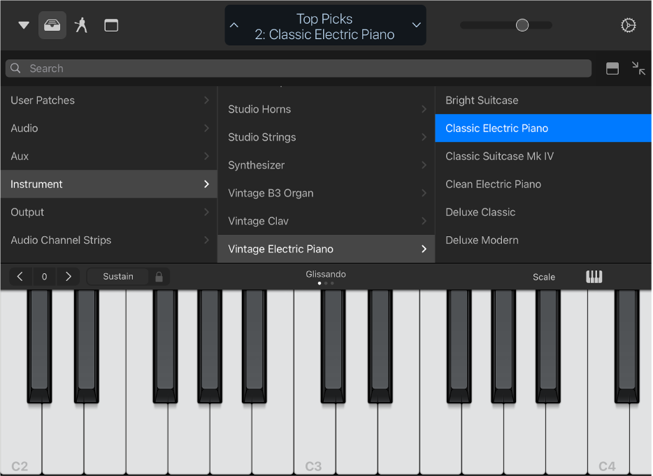 Figure. Half-screen Library above Touch Instrument.