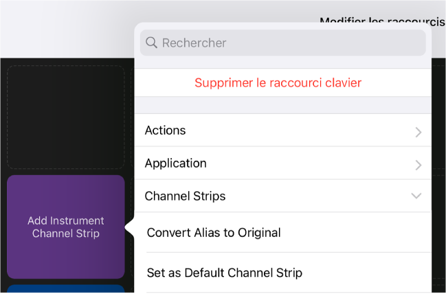 Figure. Menu contextuel Raccourcis clavier.