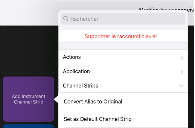 Figure. Menu contextuel Raccourcis clavier.