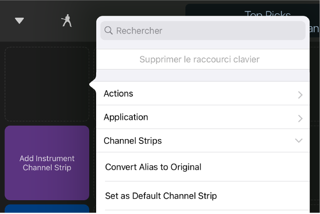 Figure. Menu contextuel Raccourcis clavier.