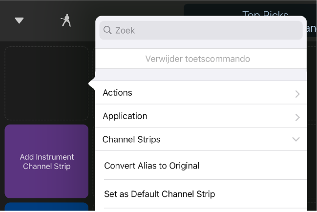 Afbeelding. Pop‑upmenu 'Toetscommando's'.