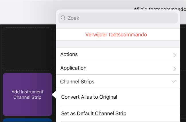 Afbeelding. Pop‑upmenu 'Toetscommando's'.