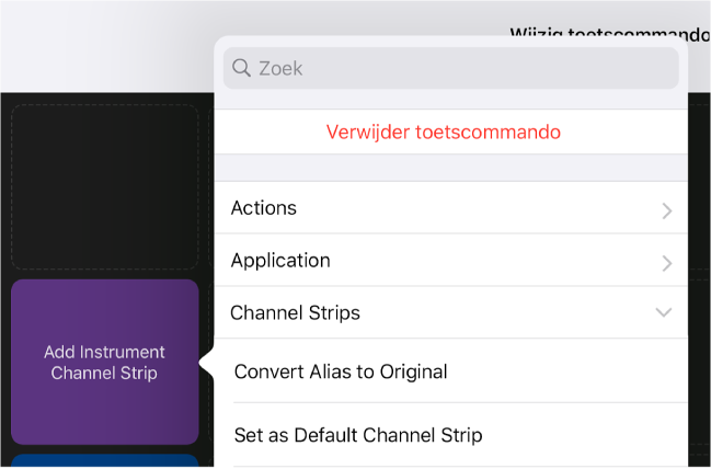 Afbeelding. Pop‑upmenu 'Toetscommando's'.