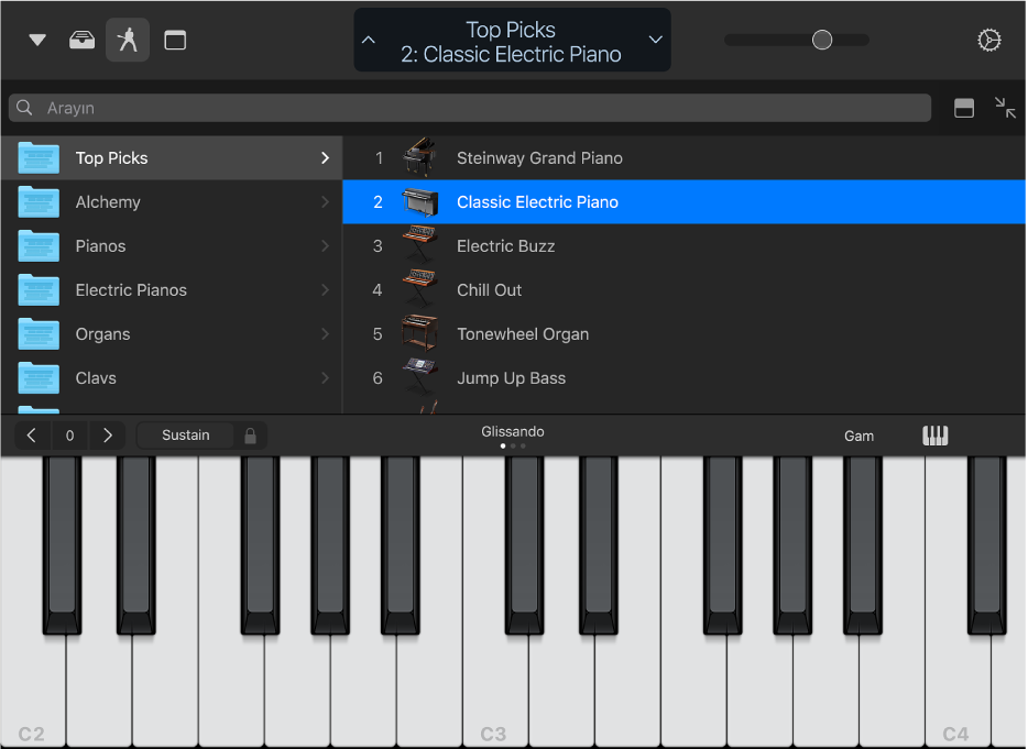 Şekil. Dokunmatik Müzik Aleti’nin üst tarafındaki yarım ekran Program Listesi.