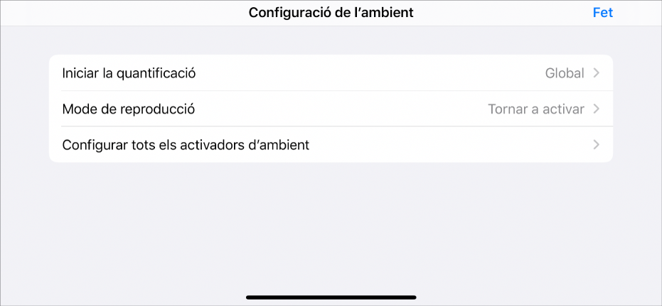 Menú de configuració d’ambients.