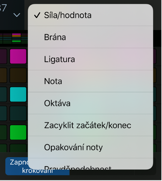 Selektor režimu úprav s otevřenou nabídkou a zobrazenými režimy úprav