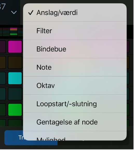 Vælgeren til redigeringsfunktion med åben menu, der viser redigeringsfunktioner.