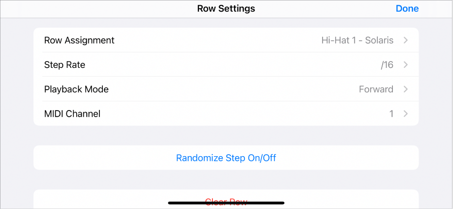 Row Settings menu.