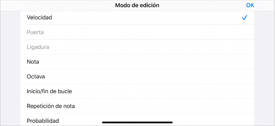 Subfila que muestra el menú de los modos de edición.